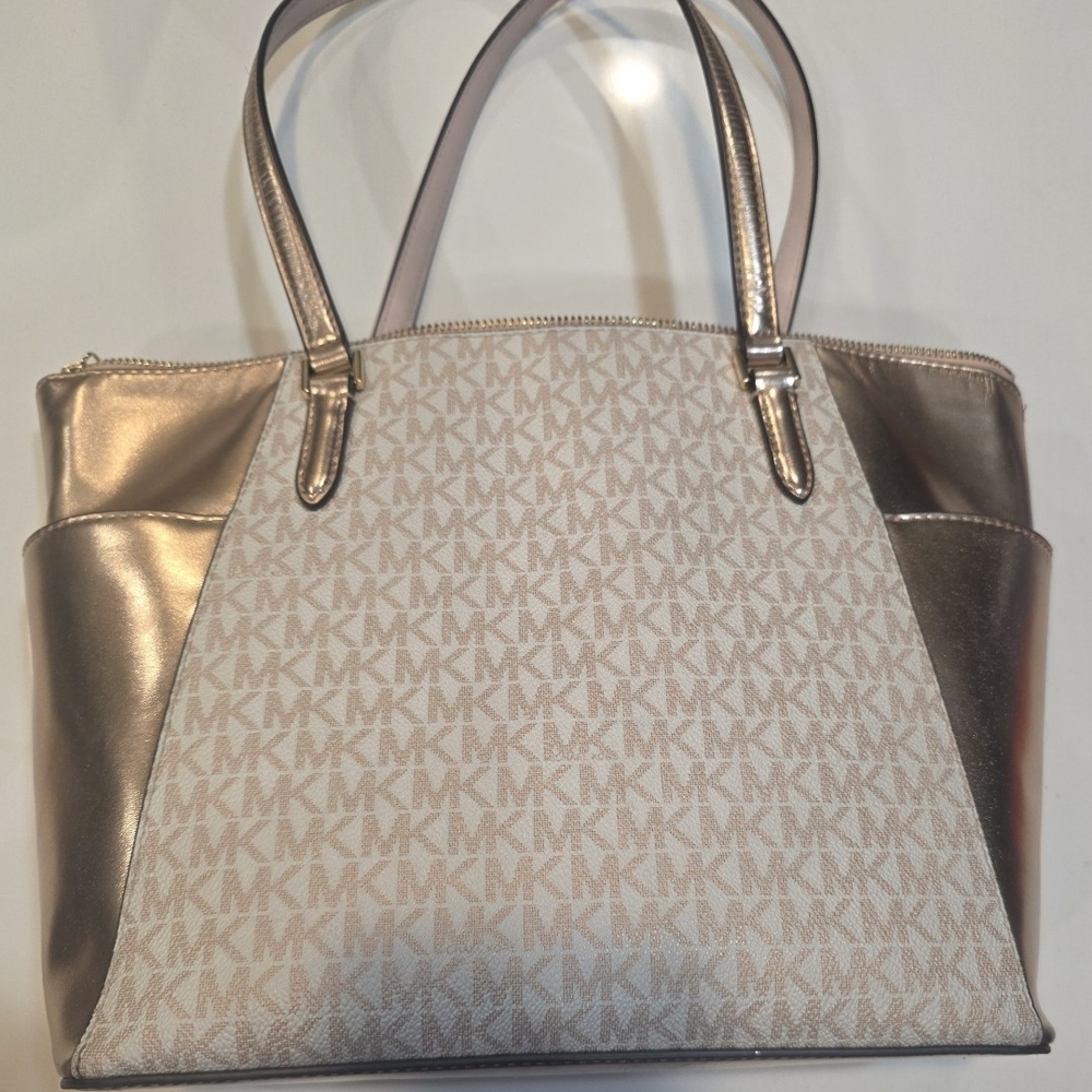 Michael Kors Monogrammed Beige and Metallic Gold Tote